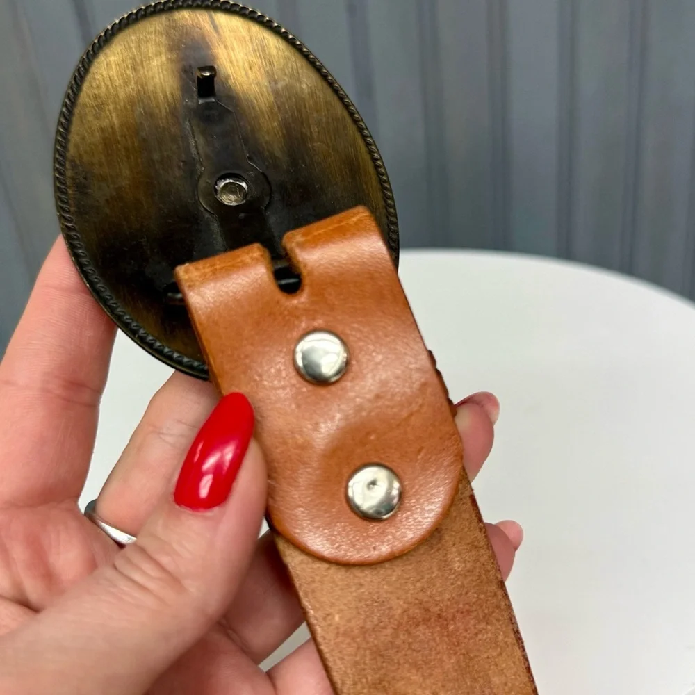 Vintage Chambers Leather Western Belt Tan Tooled Painted Brass Cowboy Buckle